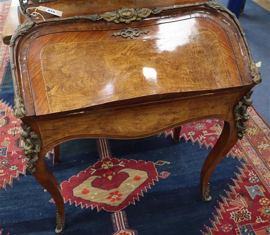 A Louis XVI style burr elm and kingwood bureau de dame W.73cm